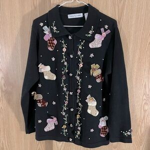🎄 Gorgeous Vintage Christmas Sweater Embroidered Sequins Ribbons Pearls